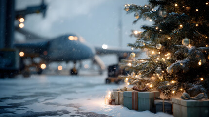 Fototapeta premium Christmas tree with gifts on snowy airport, planes in background, dramatic clouds, concept of Christmas aviation and travel.