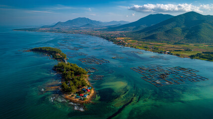 Aerial view of a shrimp farm and lobster aquaculture in front of Yen Island, Phu Yen, Vietnam.
