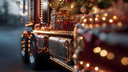 Decorated Christmas tree with gifts inside a truck standing on a passanger seat. Concept of Christmas celebration during travel and holiday.