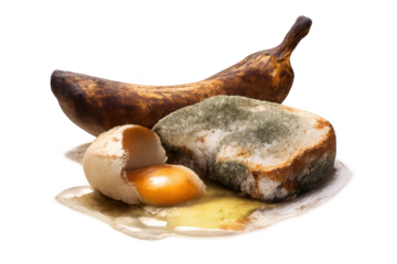 Spoiled Foods: Banana, Bread, and Egg on transparent background view