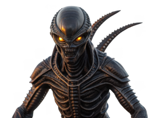 Menacing, darkly textured alien creature with a biomechanical exoskeleton and elongated skull, featuring glowing orange eyes and a menacing grin, stands in a, isolated on transparent background.
