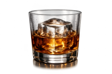Whiskey glass with ice cube and transparent background for graphic art.