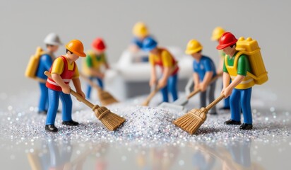 Miniature workers clean up glitter with brooms on a smooth surface in a playful scene of teamwork