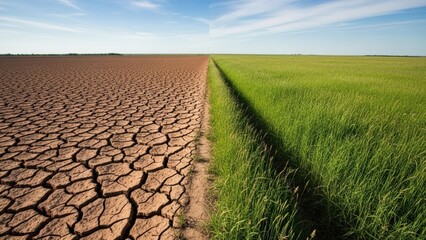 Contrast between droughtstricken cracked earth and lush green field under a bright blue sky, symbolizing climate change and agriculture