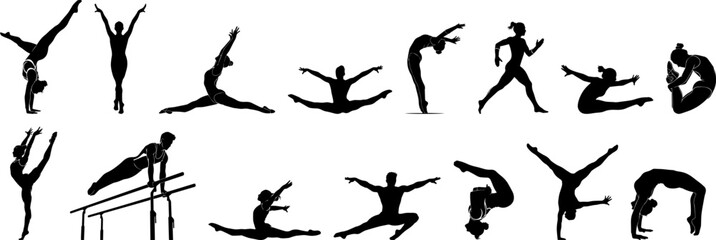 Silhouette Artistic Gymnastics Collection of Different Poses for Training and Competition Showcasing Agility