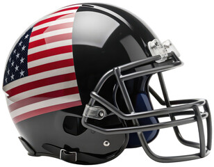 Fototapeta premium A sleek, modern, black American football helmet with a vibrant, detailed, and slightly distressed United States flag design prominently displayed across its, isolated on transparent background.