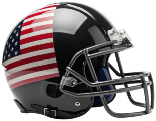 A sleek, modern, black American football helmet with a vibrant, detailed, and slightly distressed United States flag design prominently displayed across its, isolated on transparent background.