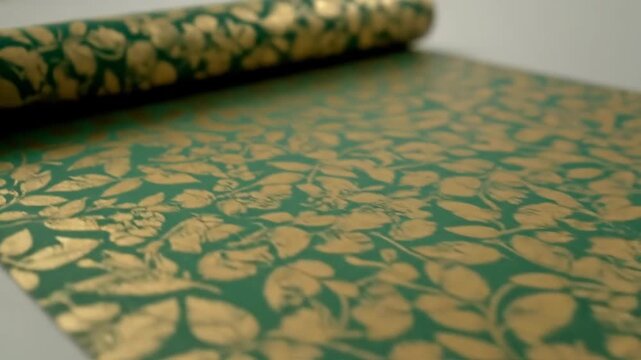 Green and gold floral gift wrapping paper roll