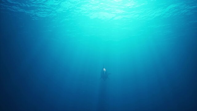 Dolphin swims underwater in the sun's rays