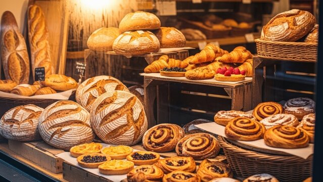 A rich assortment of freshly baked artisan breads, pastries, and sweet rolls displayed attractively in a warm, rustic bakery setting