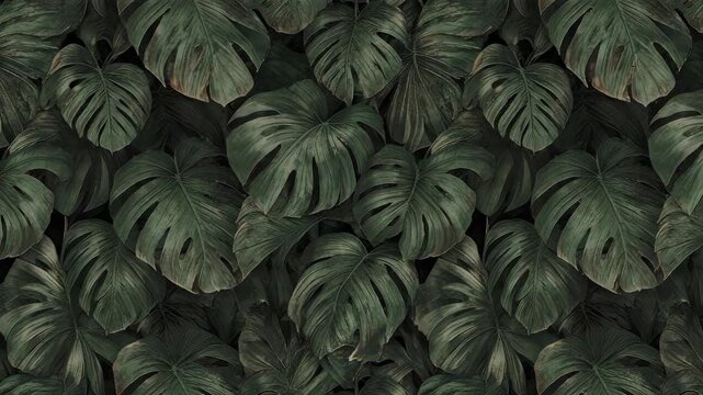 Dark Green Monstera Leaves Pattern Background.