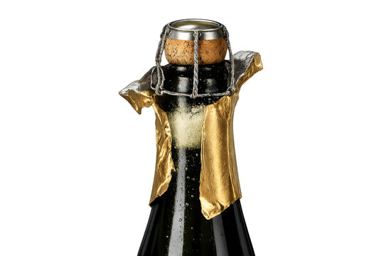 Champagne bottle neck with muselet on transparent background image.