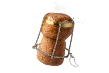 Champagne cork close-up with transparent background and metal wire.