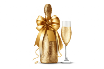 Gold champagne bottle, glass with a transparent background presentation.