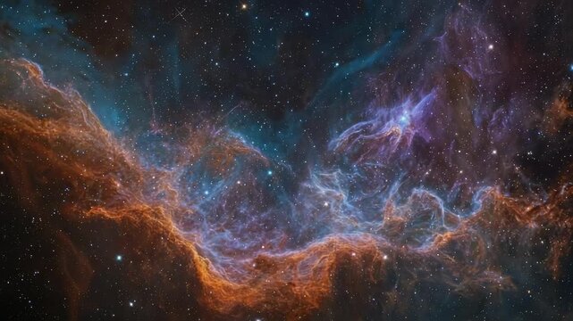 A colorful interstellar nebula with glowing orange and blue gas filaments weaving through a starry backdrop.