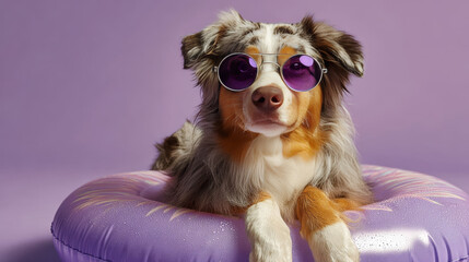 Cute Australian Shepherd wearing sunglasses with an inflatable ring on a lilac background.
