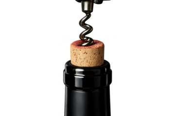 Opening wine bottle with transparent background, corkscrew, black color.