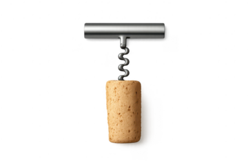 Corkscrew with cork, silver, isolated on transparent background image.