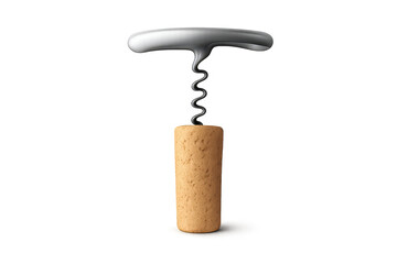 Corkscrew opening wine bottle, product shot on transparent background.