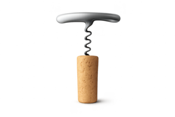 Corkscrew opening wine bottle, product shot on transparent background.