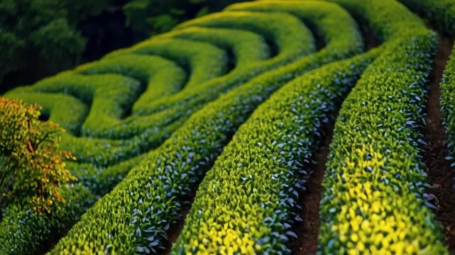 Terraced hillside tea plantation with neat rows of green tea bushes.