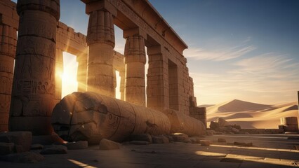 Ancient egyptian temple ruins at sunset with sun rays shining through columns in the desert landscape