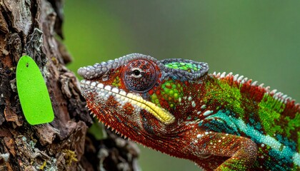 A closeup of a vibrantly colored chameleon with red green and blue scales on a tree branch next to a bright green tag