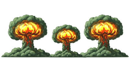 Three cartoonish atomic bombs exploding with green smoke and orange fire isolated on a transparent background