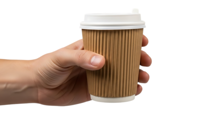 Hand holding brown paper coffee cup with white lid isolated on a transparent background paper cup 3
