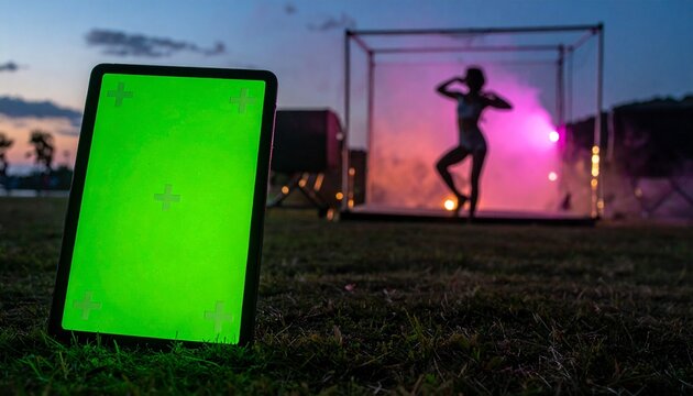 A tablet with a green screen and tracking markers sits on grass In the blurred background a persons silhouette poses in a smoky lit cube at dusk