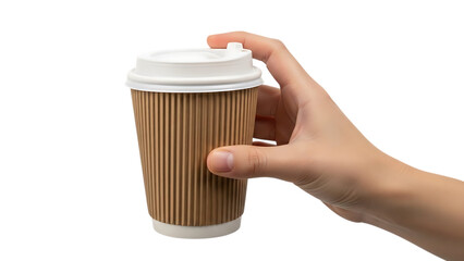 Hand holding brown paper coffee cup with white lid isolated on a transparent background paper cup