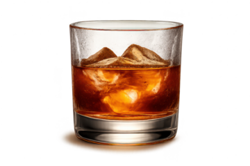 Whiskey in glass on transparent background with ice and reflection