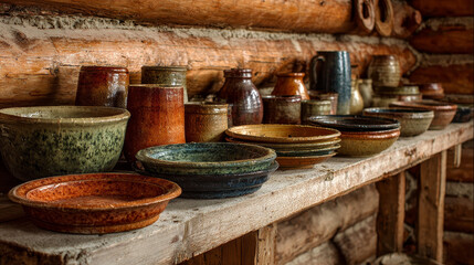 Earthenware dishes displayed on a wooden shelf in a pottery workshop. Pottery production in Suzdal, Vladimir region.
