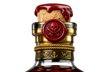 Rum bottle detail with a transparent background, skull and crossbones.