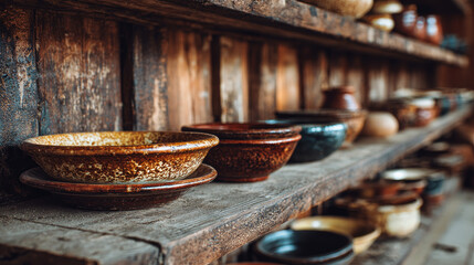 Earthenware dishes displayed on a wooden shelf in a pottery workshop. Pottery production in Suzdal, Vladimir region.
