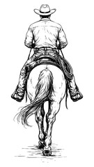 Cowboy riding a horse backview sketch vector illustration