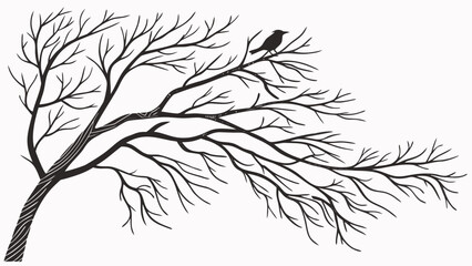 Fototapeta premium Black and white illustration of a bare tree branch with a small bird perched on it.