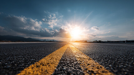 Empty road with arrow sign, symbolizing the path toward New Year 2025. Concept of starting a journey, leaving 2024 behind, future planning, fresh beginnings, growth, and moving forward under  blue sky