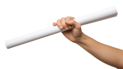 Hand holding a rolled up white paper isolated on a transparent background rolled paper grip