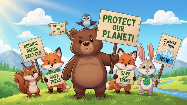 Angry bear and cute forest animals protesting for environmental protection with signs about saving trees and climate action