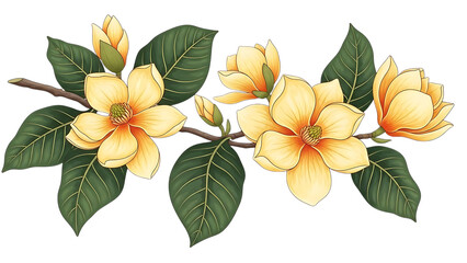 Yellow Magnolia Flowers with Green Leaves on Branch isolated on a transparent background floral nature
