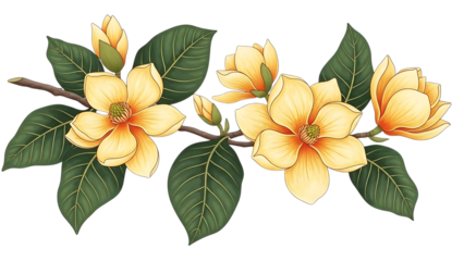 Yellow Magnolia Flowers with Green Leaves on Branch isolated on a transparent background floral nature