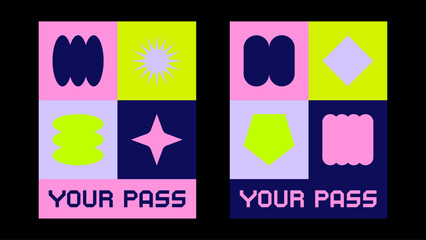 Y2K inspired access ticket with vibrant neon palette, geometric icons and futuristic grid composition. Perfect for events and festivals. Futuristic Y2K patches, labels, tags, stickers, and stamps.