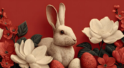 A red easter announcement or advertising banner with an easter rabbit, easter eggs and spring flowers. Generative AI.