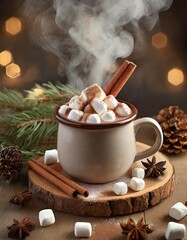 Collection of photos showcasing a steaming mug of velvety hot chocolate with melting marshmallows and cinnamon, wrapped in cozy knit textures, pinecones, soft evergreen blur and glowing golden holiday