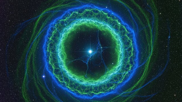 The ring nebula m57 planetary nebula in the constellation lyra, vibrant blue and green gas shell surrounding a central white dwarf star in deep space