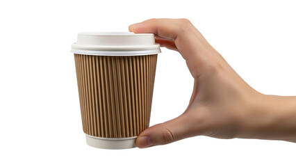 Brown paper coffee cup with white lid held by hand isolated on a transparent background