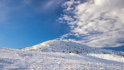 Obraz premium Snowy mountain peak under a vibrant blue sky. The Mala Fatra national park in northwest of Slovakia, Europe.