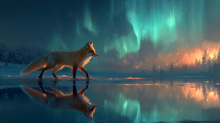Majestic Red Fox Walking on Frozen Water Under Vibrant Aurora Borealis