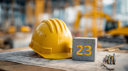 Happy New Year 2023 construction and industry concept. White helmet and numbered concrete cube on an engineer&rsquo;s or construction worker&rsquo;s desk, with cranes and buildings in the background.
